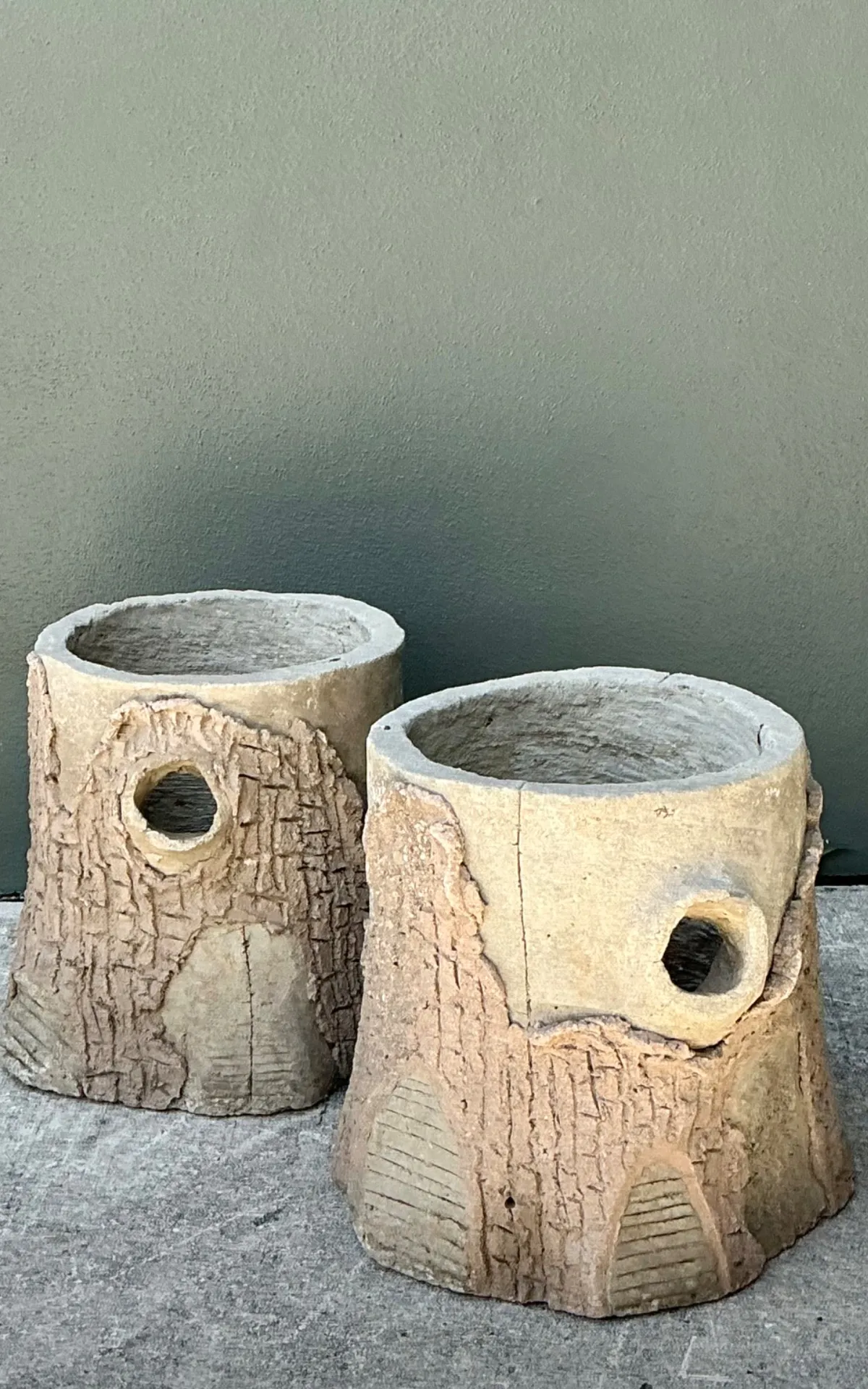 Handcrafted Faux Bois Cement Planters - A Pair