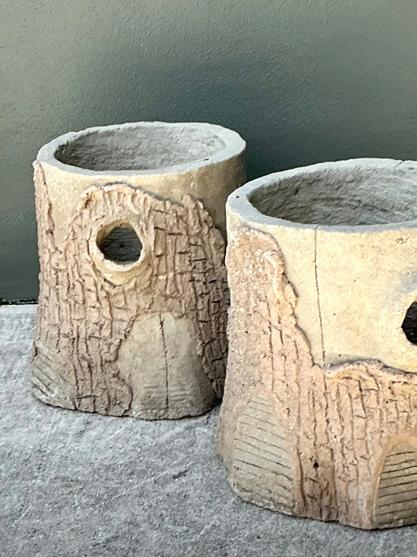 Handcrafted Faux Bois Cement  Planters - A Pair — additional photo 4