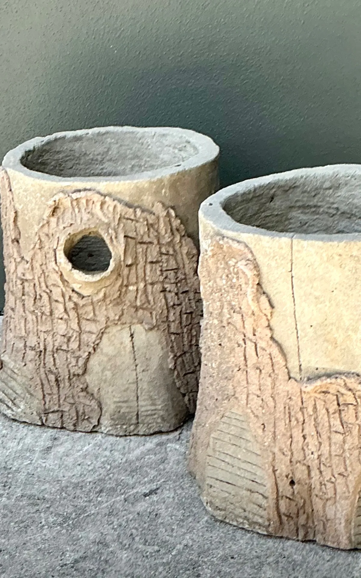 Handcrafted Faux Bois Cement Planters - A Pair — additional photo 4