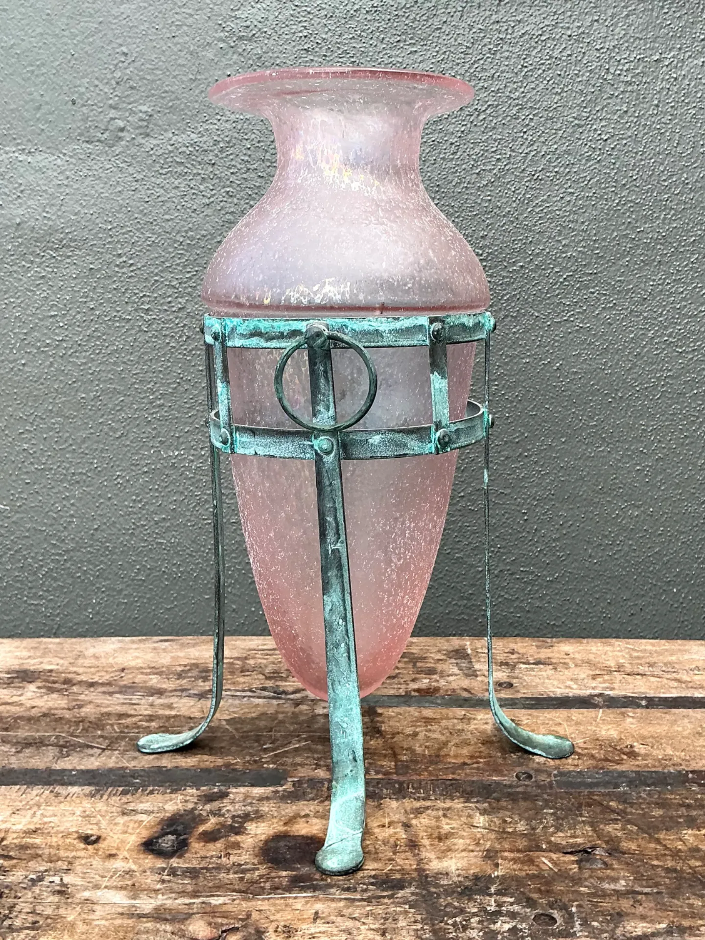 Vintage Patinated Metal Frame Glass Vase — additional photo 6