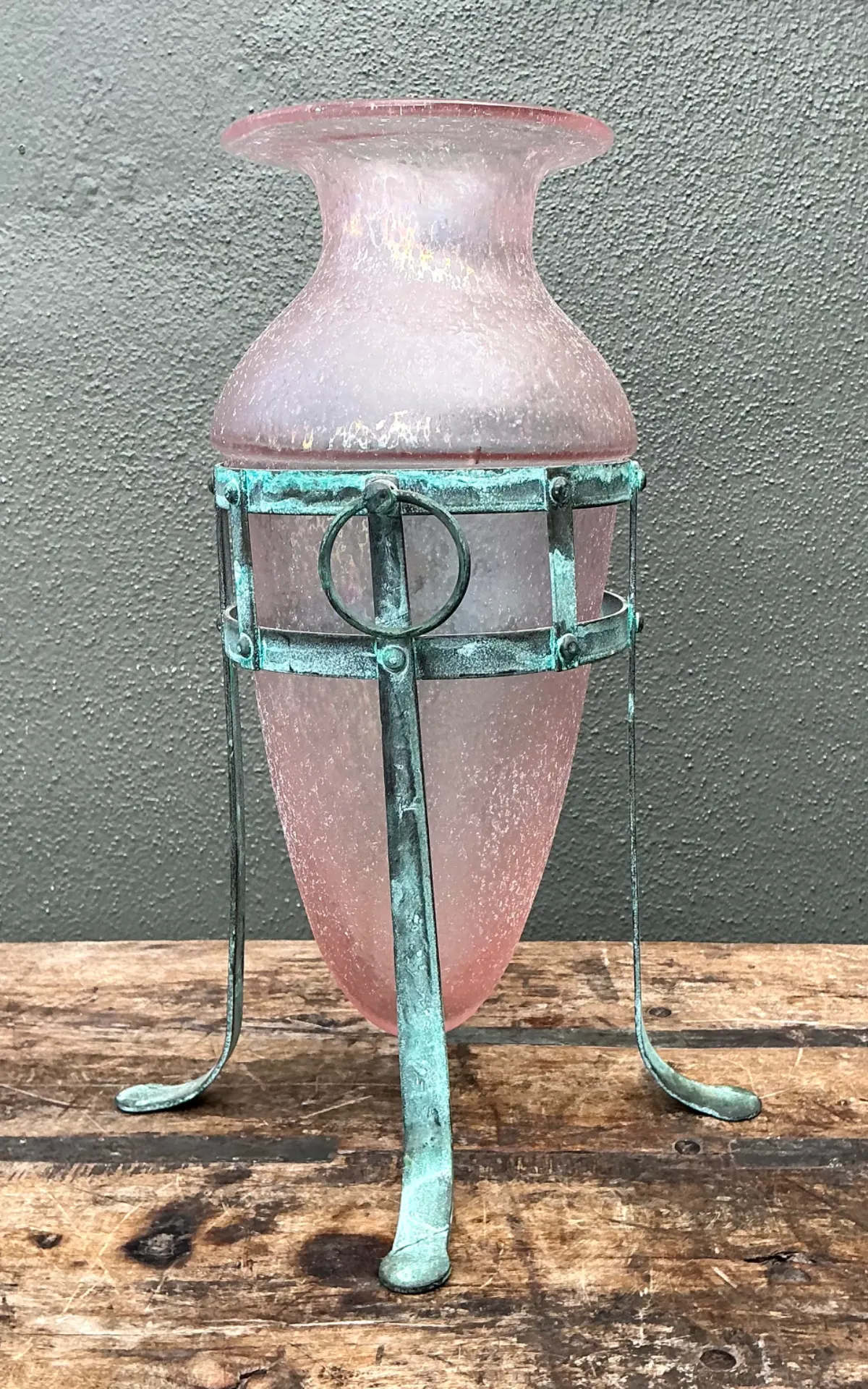 Vintage Patinated Metal Frame Glass Vase — additional photo 6