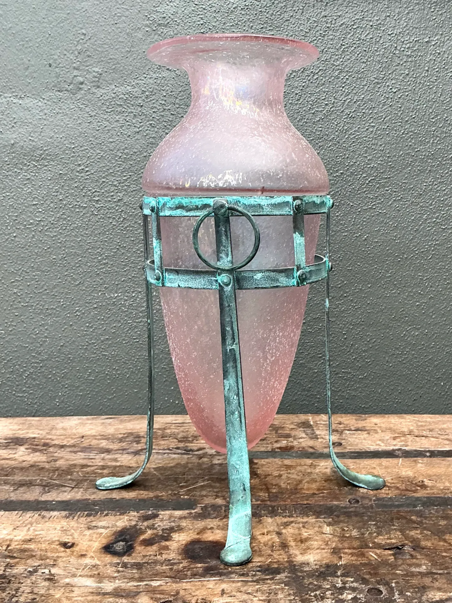 Vintage Patinated Metal Frame Glass Vase — additional photo 4