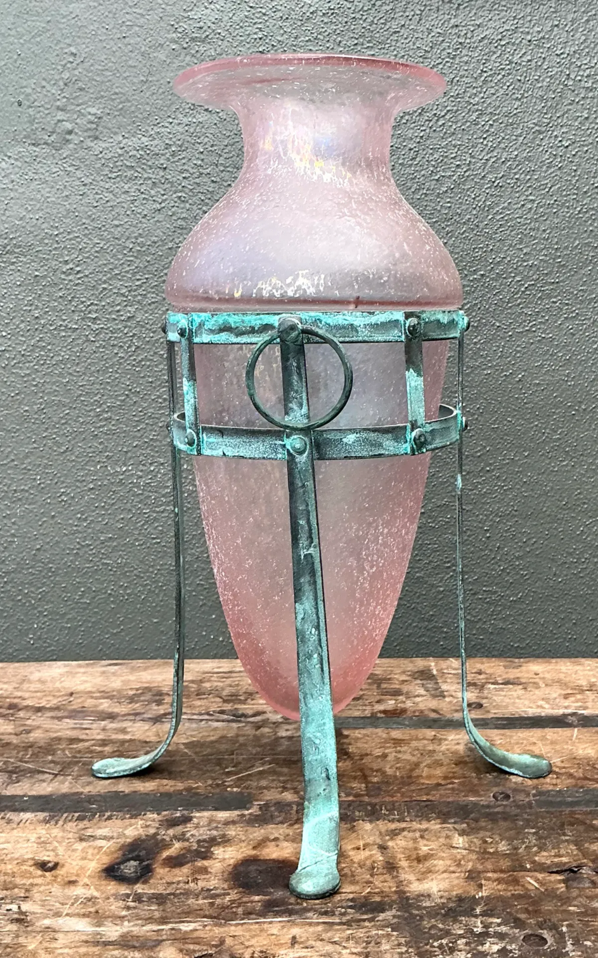 Vintage Patinated Metal Frame Glass Vase — additional photo 4