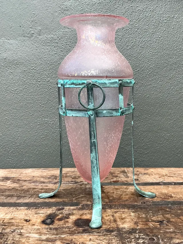 Vintage Patinated Metal Frame Glass Vase — additional photo 4