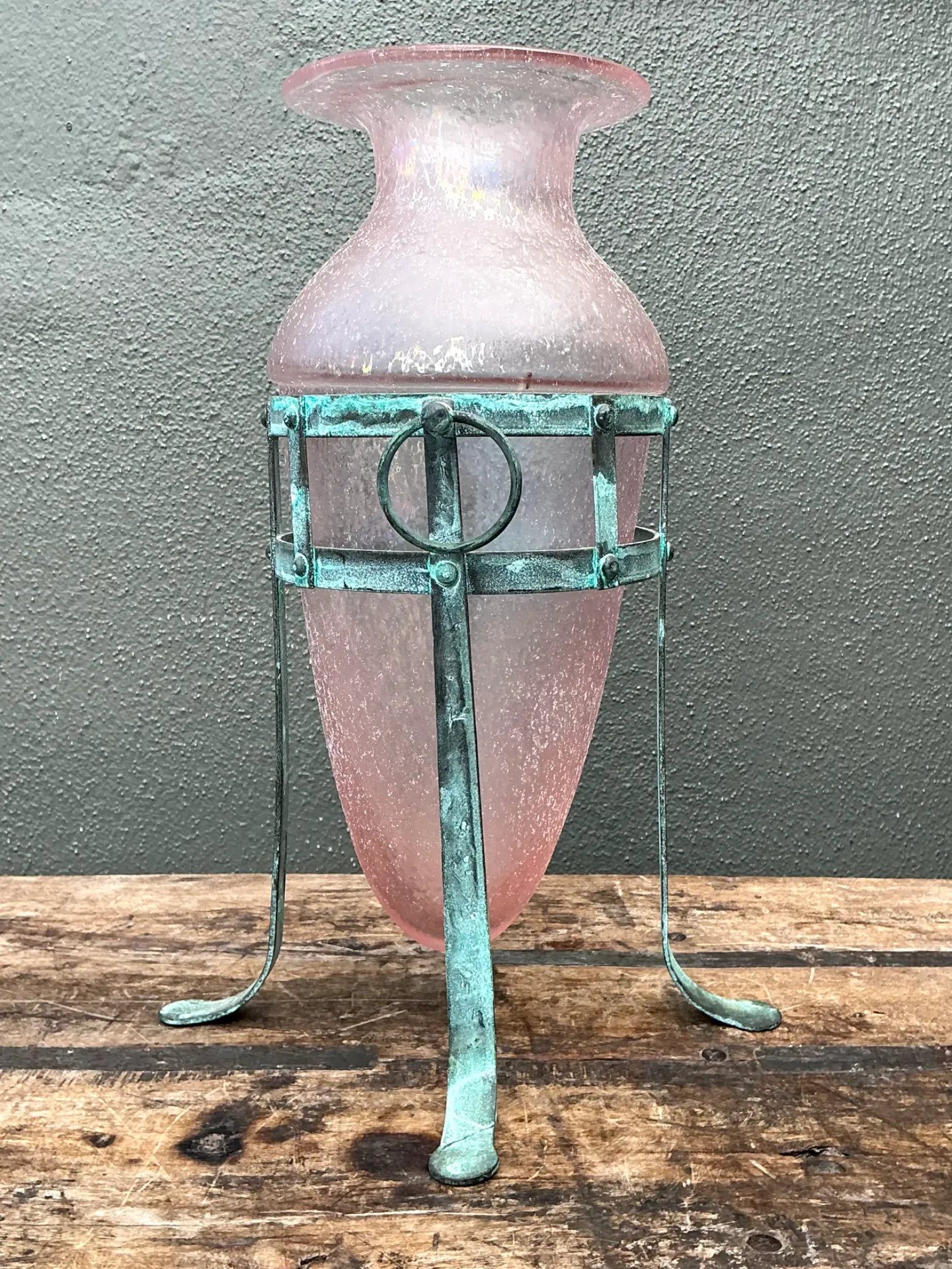 Vintage Patinated Metal Frame Glass Vase — additional photo 2