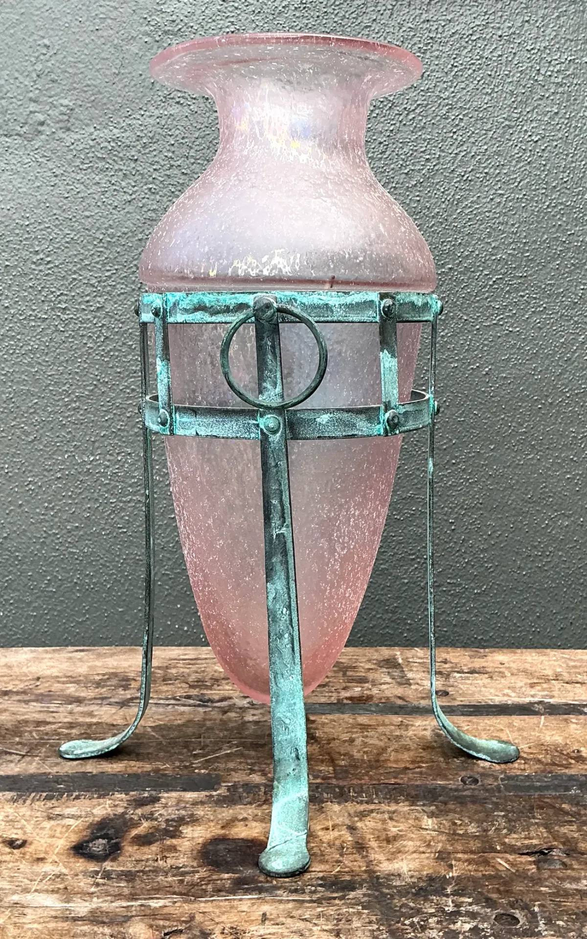 Vintage Patinated Metal Frame Glass Vase — additional photo 2