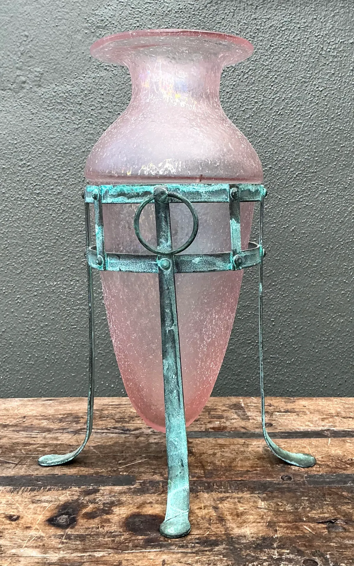 Vintage Patinated Metal Frame Glass Vase — additional photo 8
