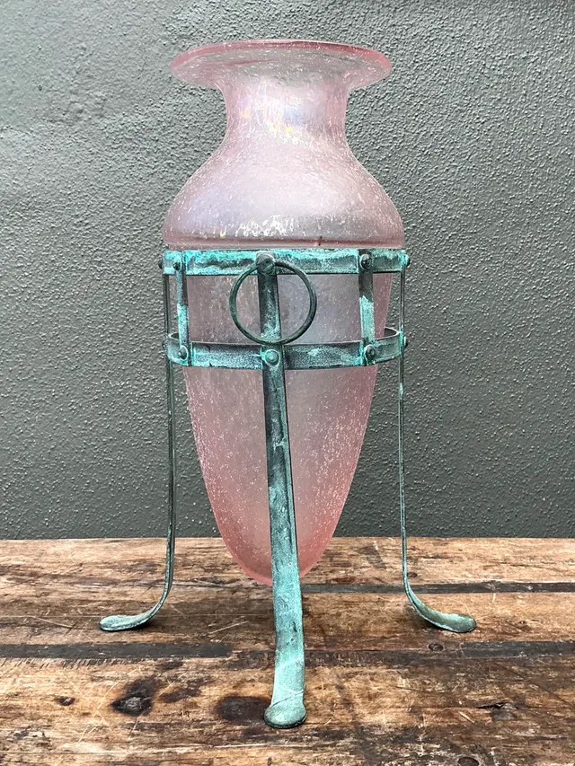 Vintage Patinated Metal Frame Glass Vase — additional photo 8