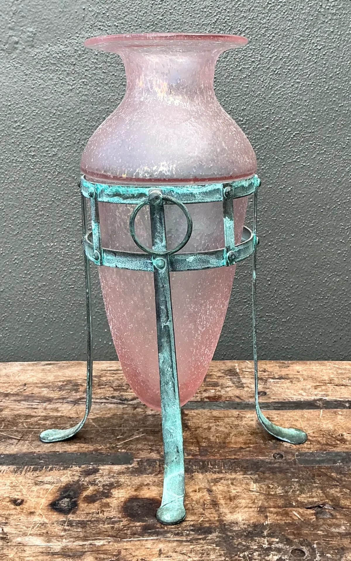 Vintage Patinated Metal Frame Glass Vase — additional photo 7