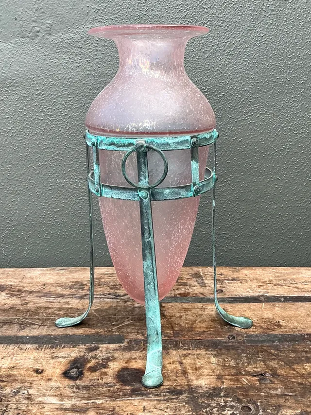 Vintage Patinated Metal Frame Glass Vase — additional photo 7