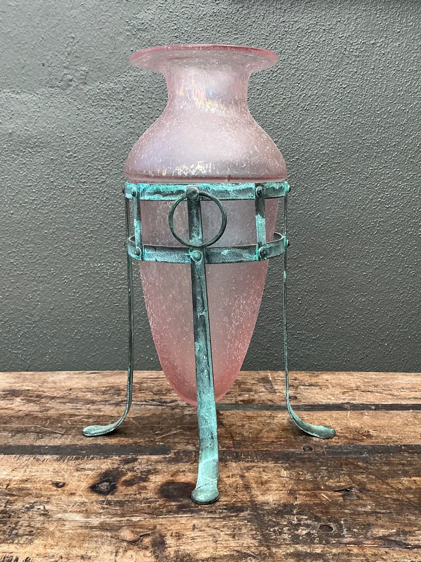 Vintage Patinated Metal Frame Glass Vase — additional photo 5