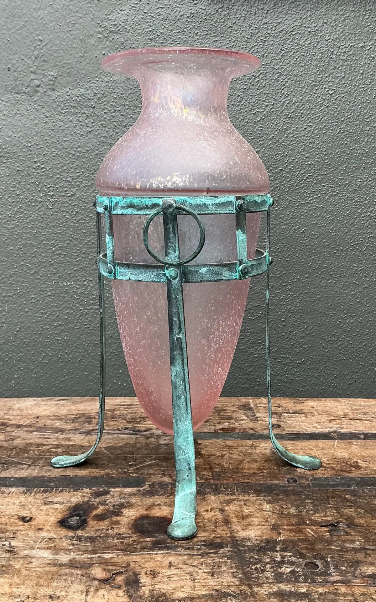 Vintage Patinated Metal Frame Glass Vase — additional photo 5