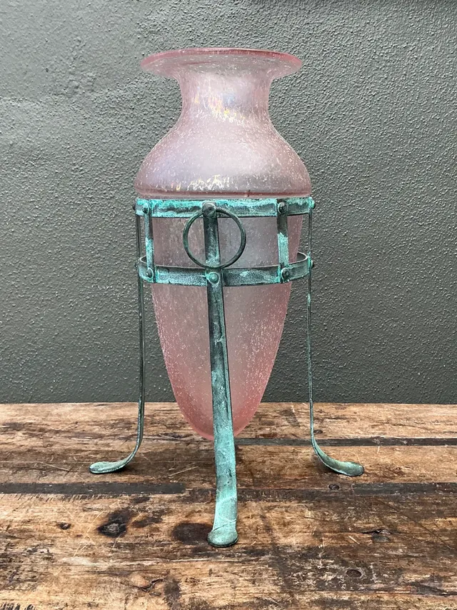 Vintage Patinated Metal Frame Glass Vase — additional photo 5