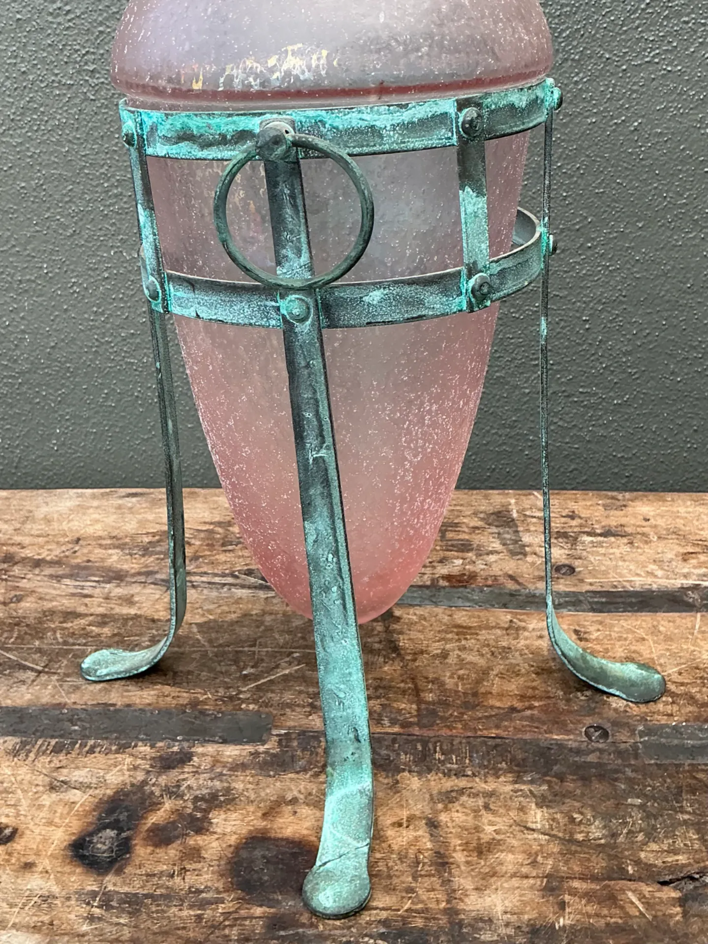 Vintage Patinated Metal Frame Glass Vase — additional photo 3