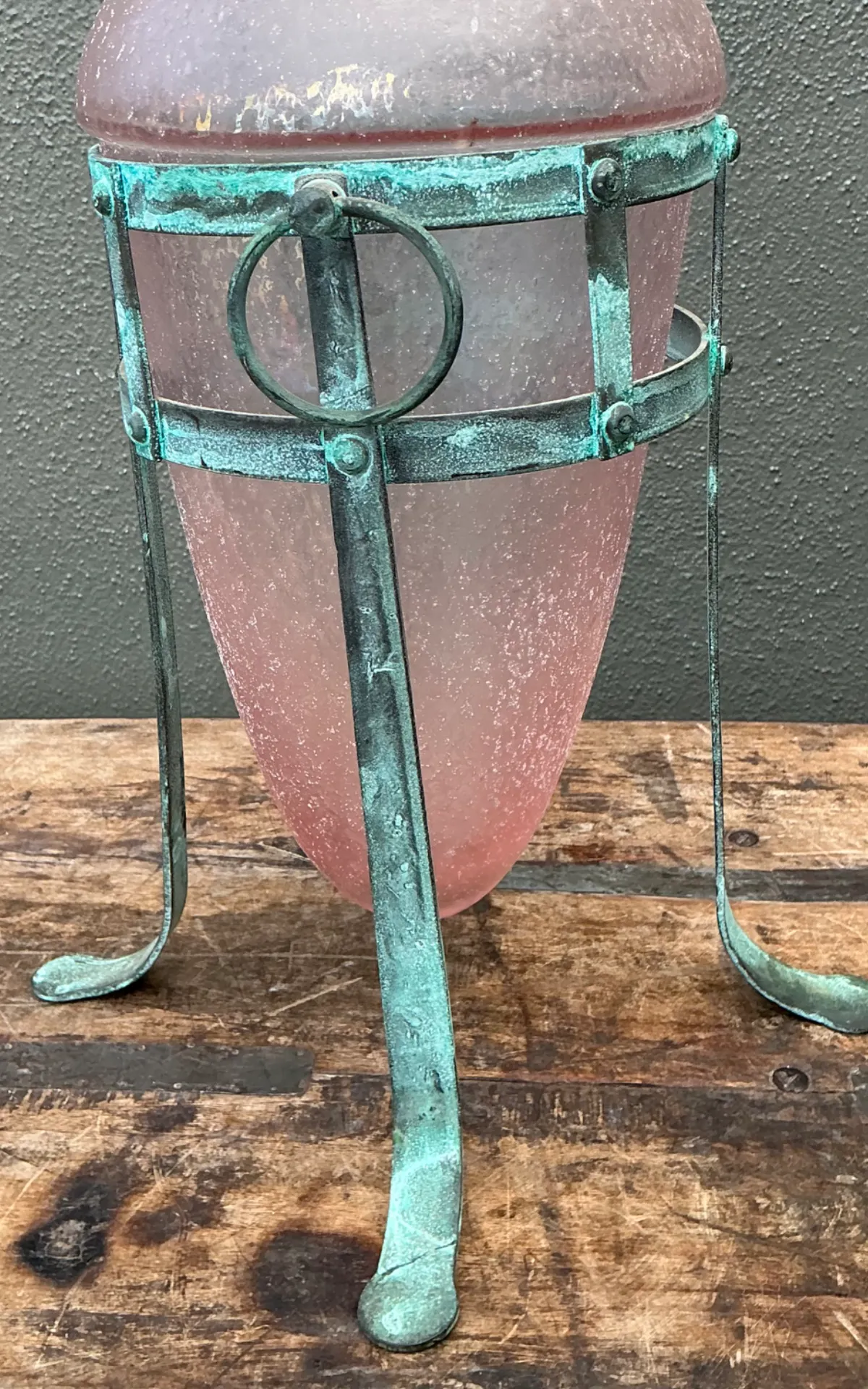 Vintage Patinated Metal Frame Glass Vase — additional photo 3
