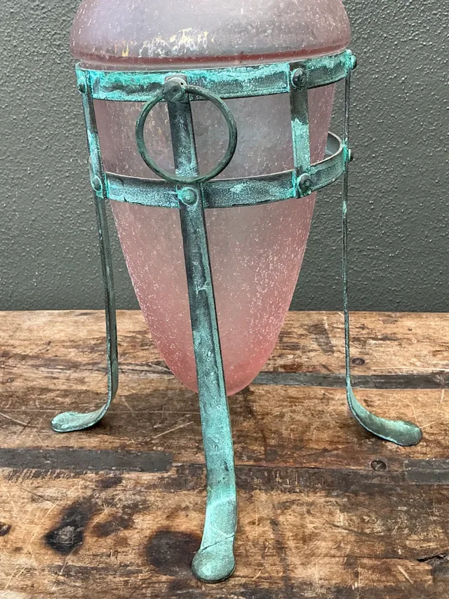 Vintage Patinated Metal Frame Glass Vase — additional photo 3