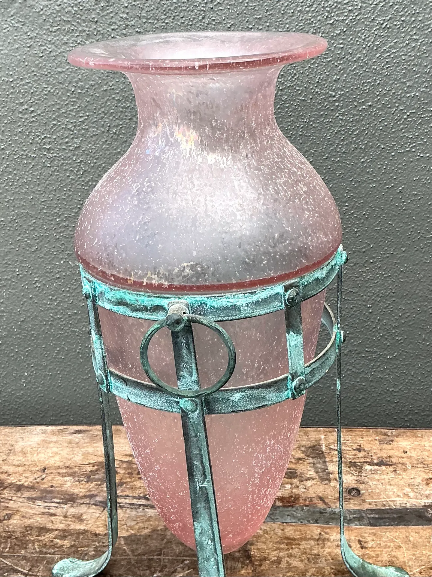Vintage Patinated Metal Frame Glass Vase — additional photo 1