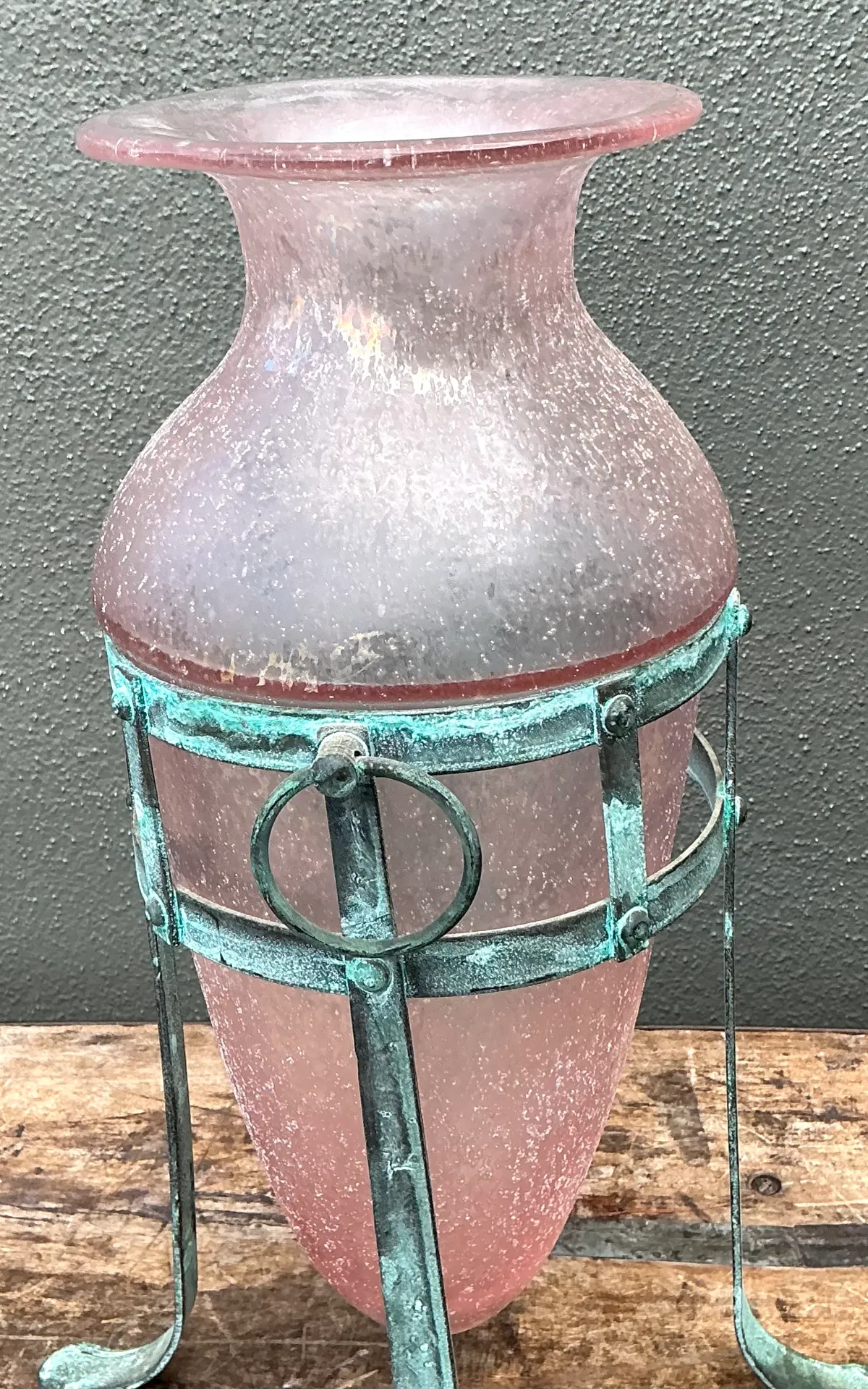 Vintage Patinated Metal Frame Glass Vase