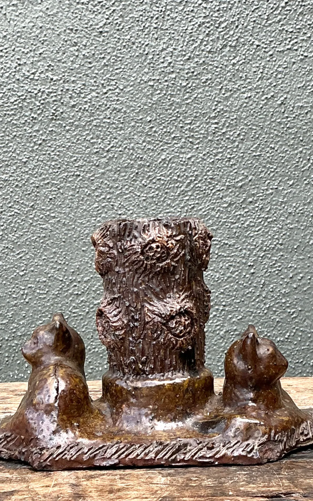 Vintage Ceramic Cat and Tree Stump Vase