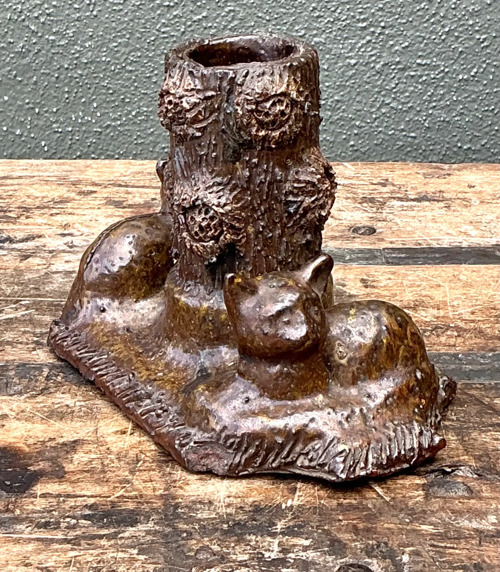 Vintage Ceramic Cat and Tree Stump Vase — additional photo 2