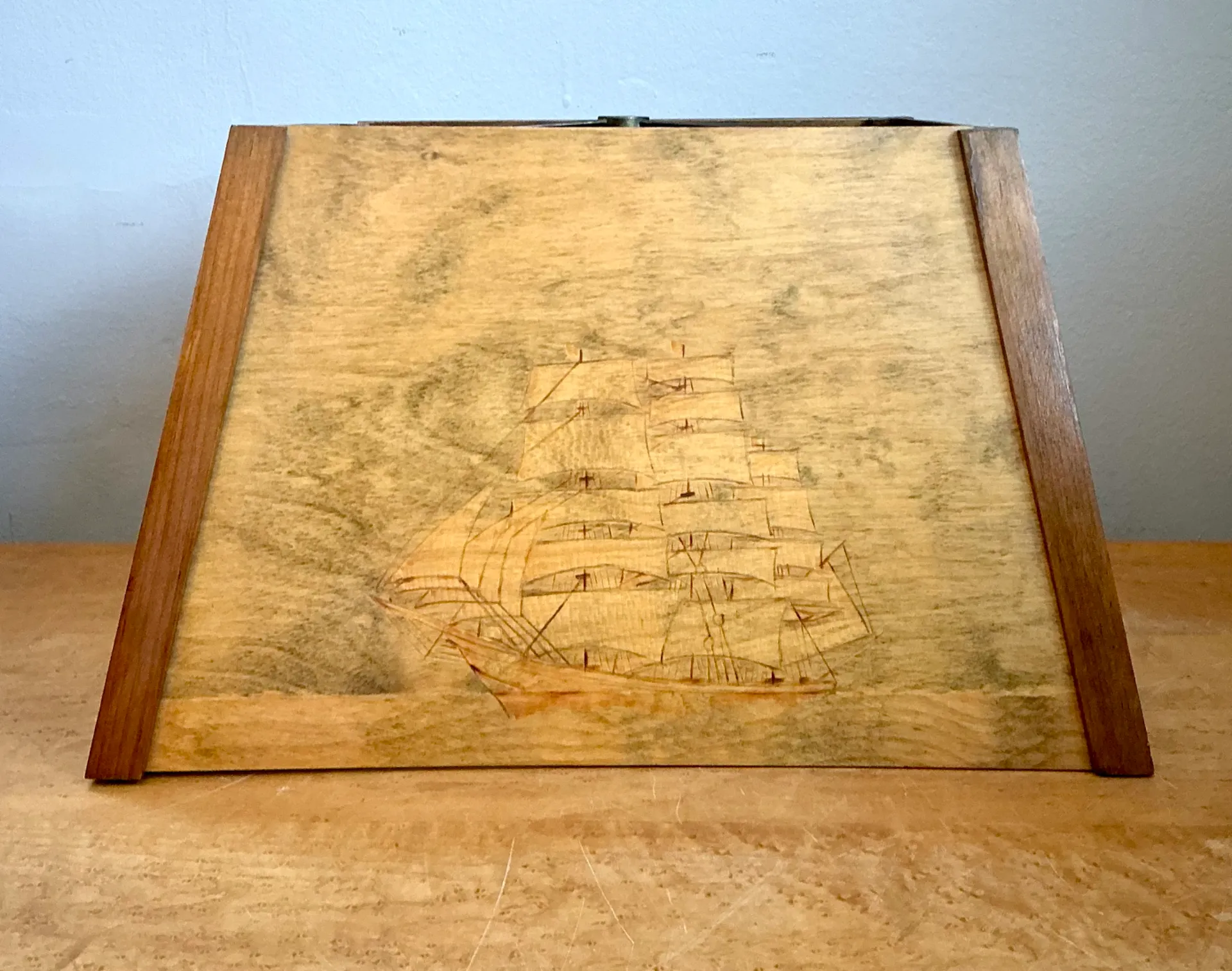 Vintage Wood Lampshade with Ship Carving — additional photo 1