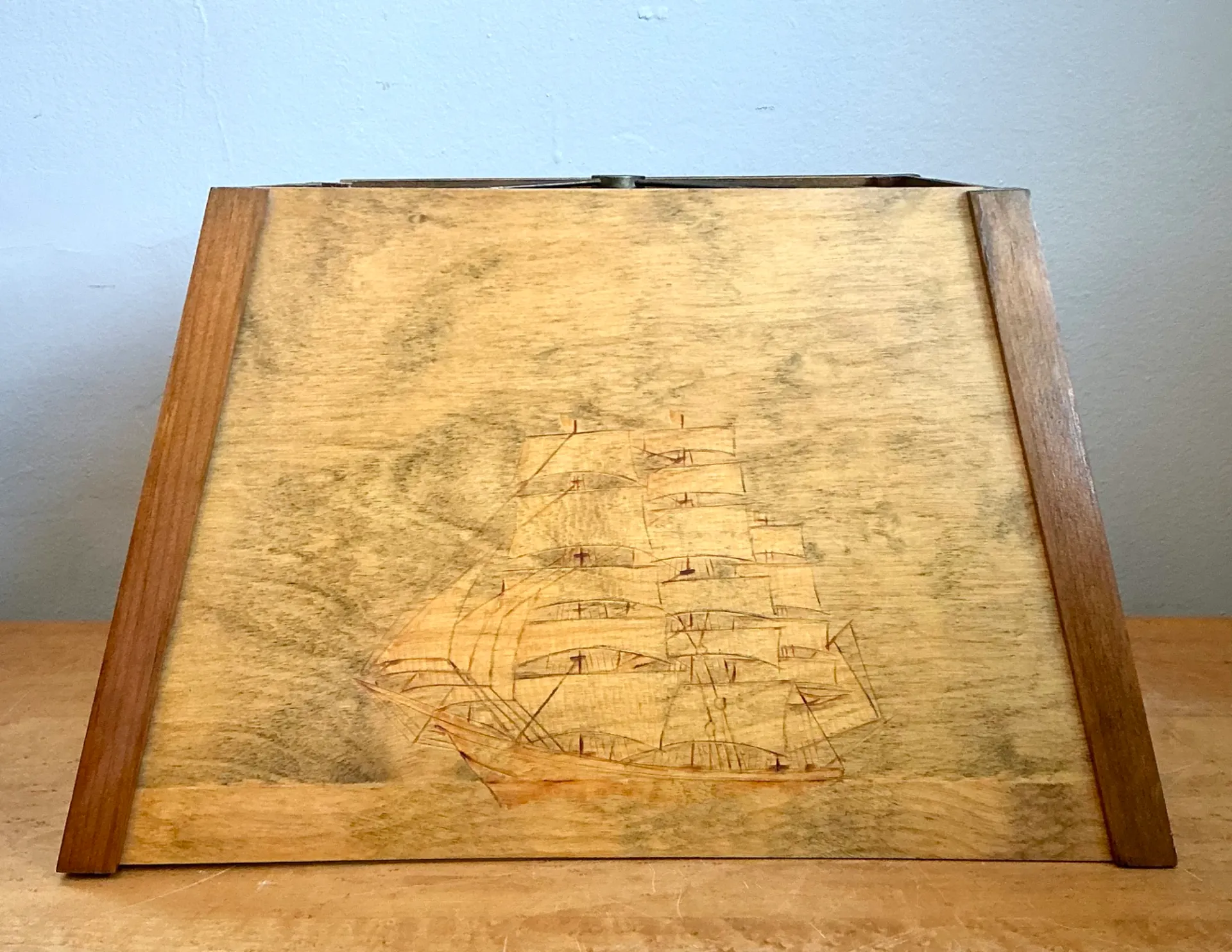 Vintage Wood Lampshade with Ship Carving — additional photo 6