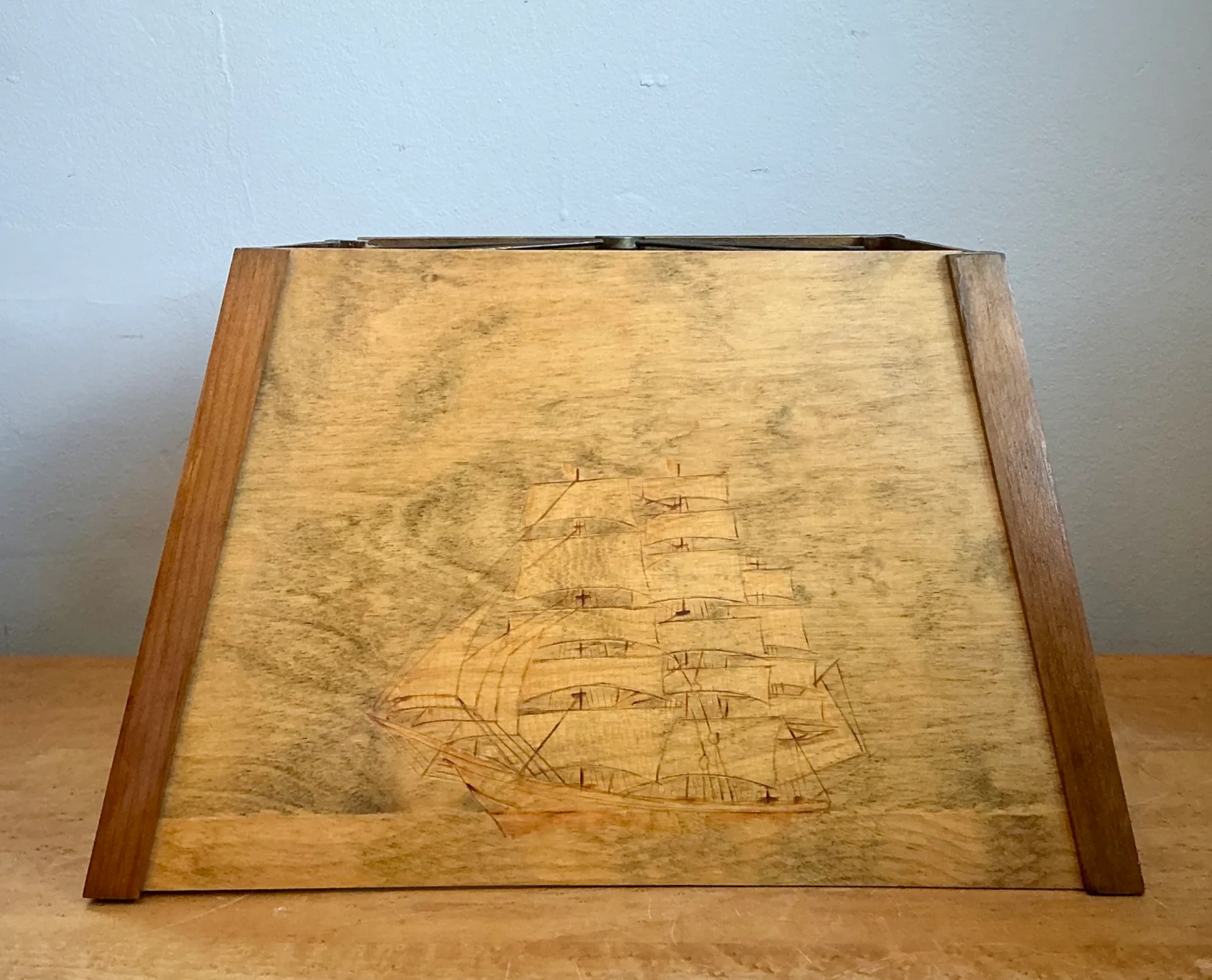 Vintage Wood Lampshade with Ship Carving — additional photo 4