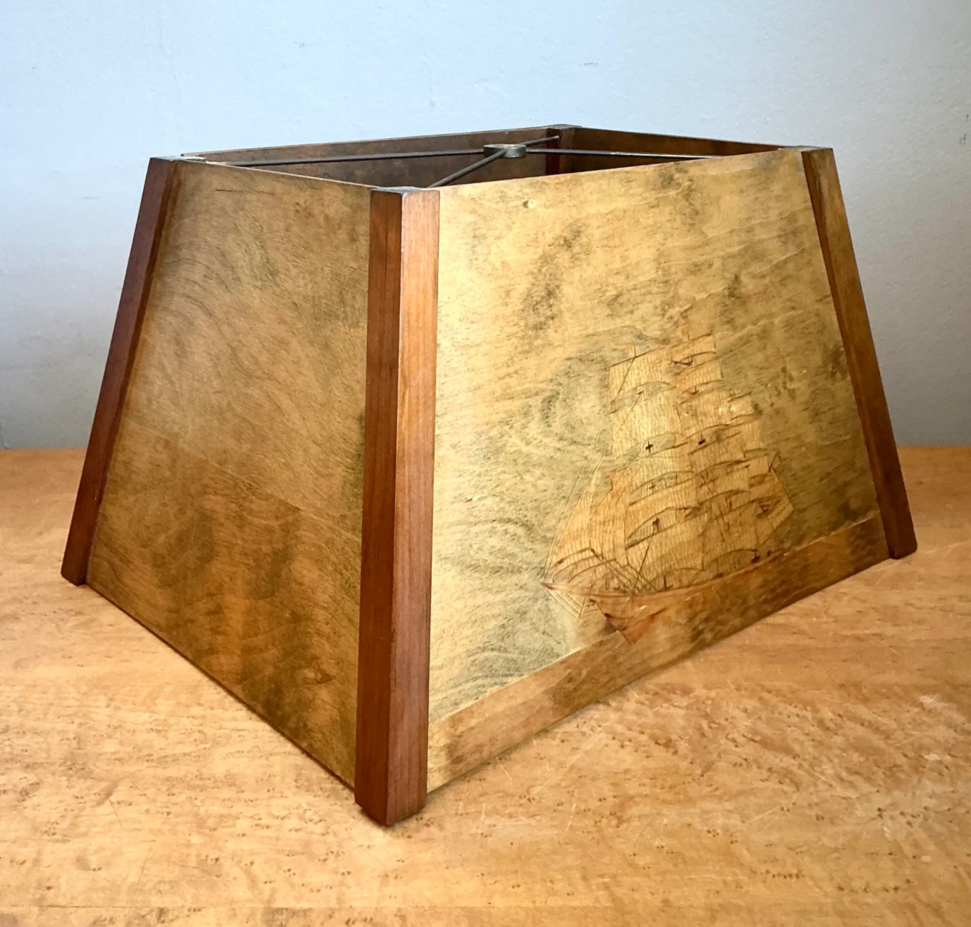 Vintage Wood Lampshade with Ship Carving — additional photo 7