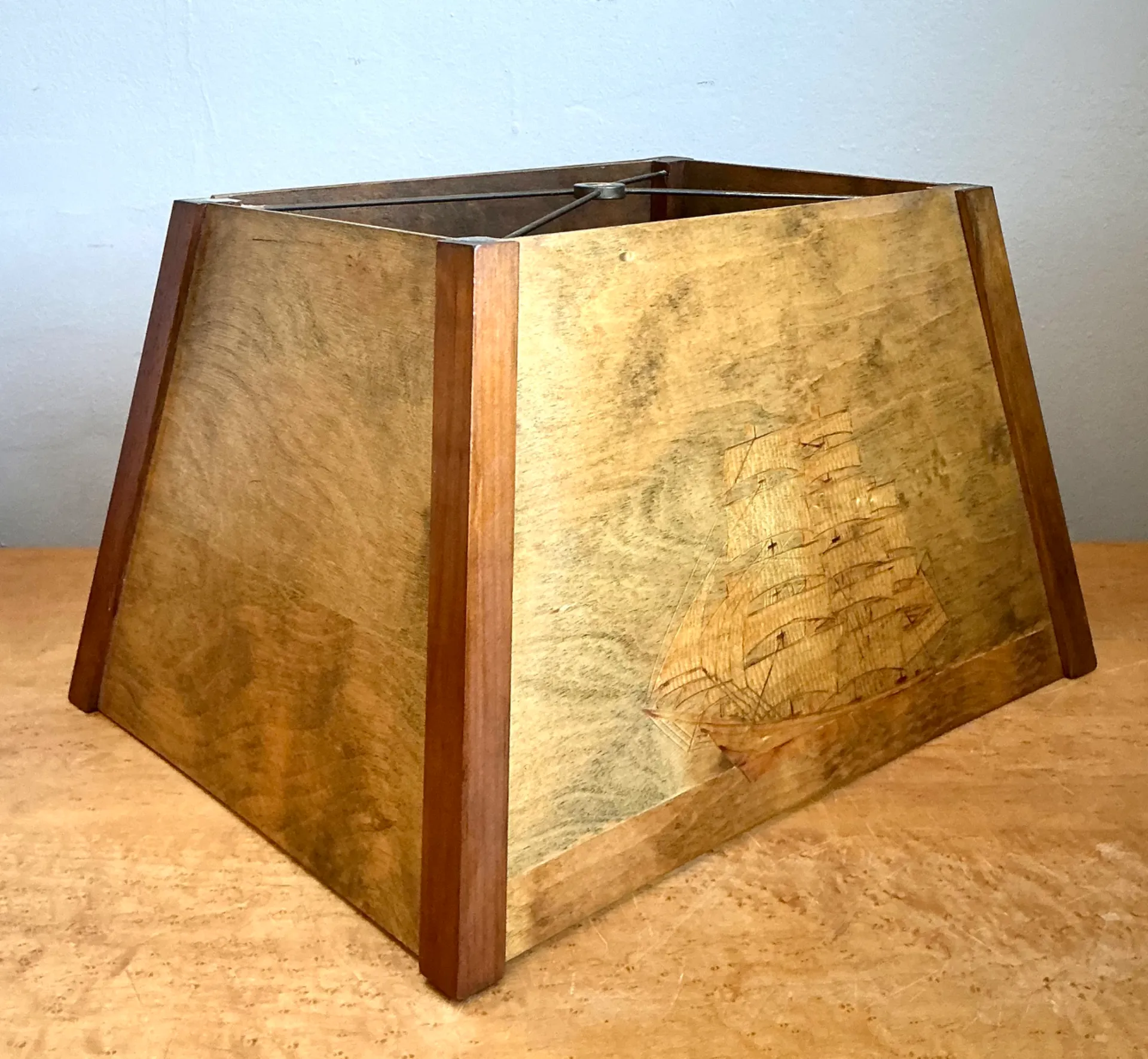 Vintage Wood Lampshade with Ship Carving — additional photo 8