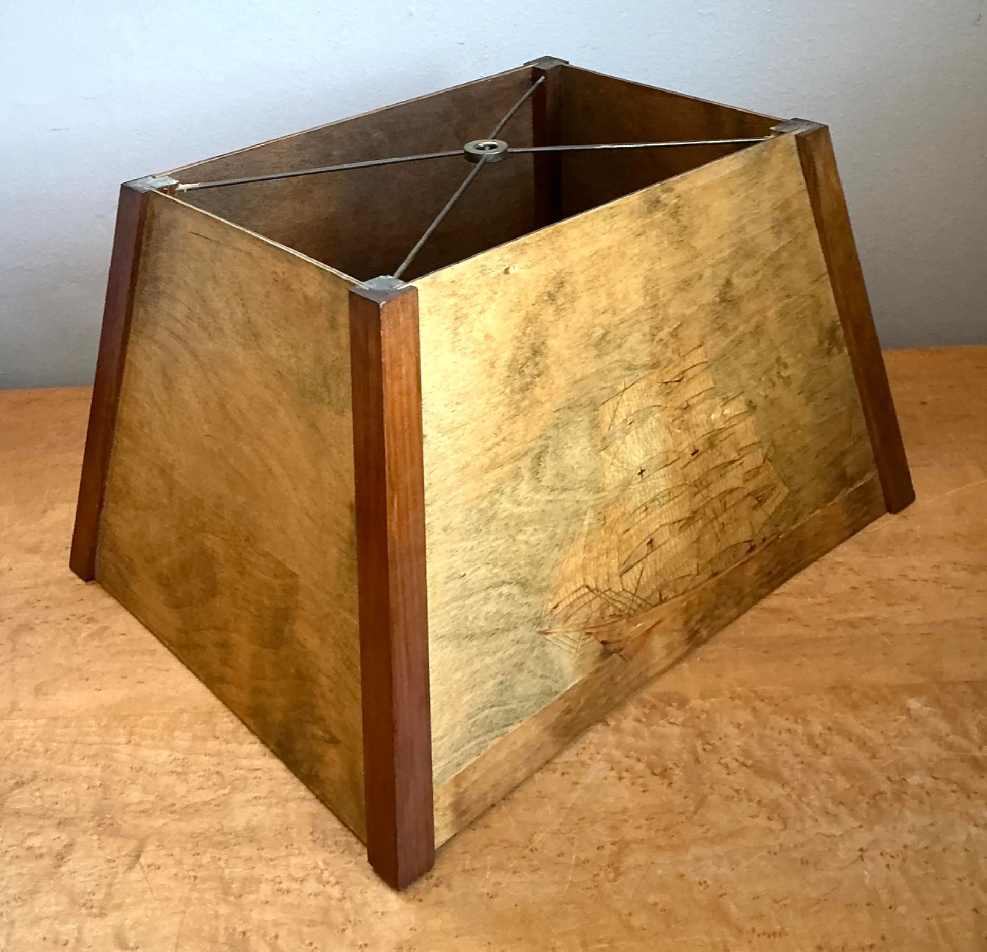 Vintage Wood Lampshade with Ship Carving — additional photo 2