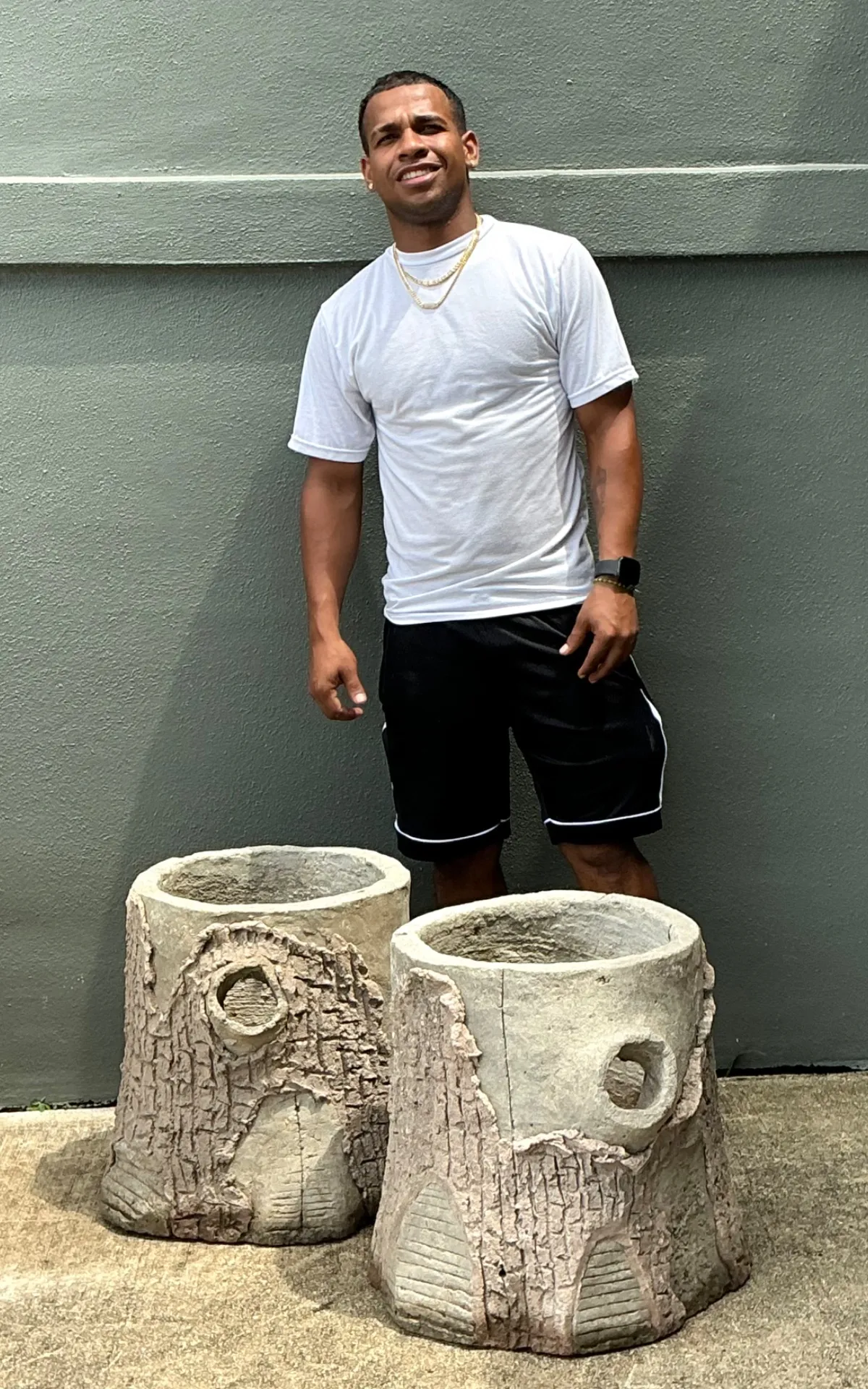 Handcrafted Faux Bois Cement Planters - A Pair — additional photo 2
