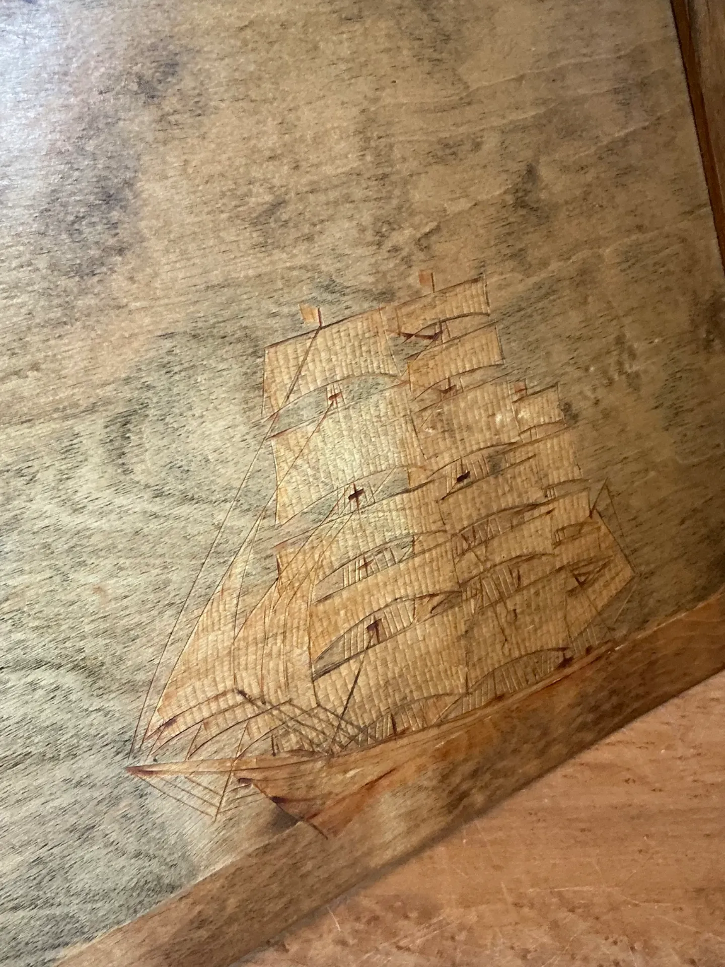 Vintage Wood Lampshade with Ship Carving — additional photo 3