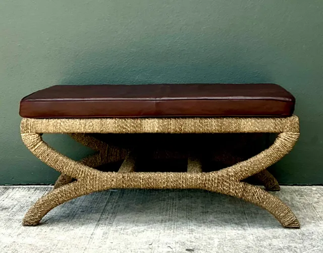 Vintage Rattan and Leather Bench — additional photo 6