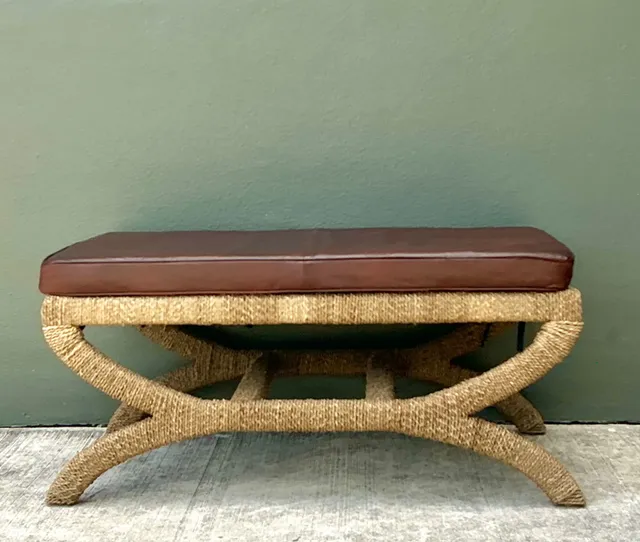 Vintage Rattan and Leather Bench — additional photo 1