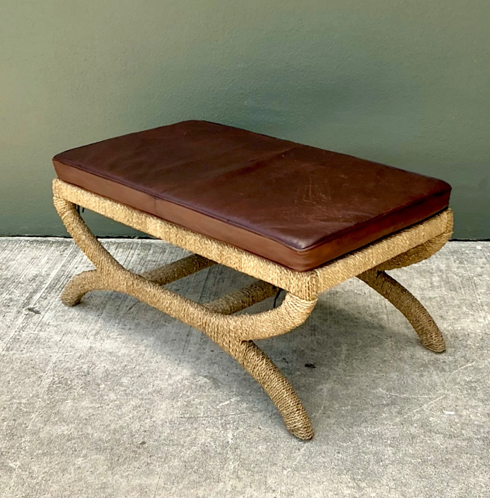 Vintage Rattan and Leather Bench — additional photo 5