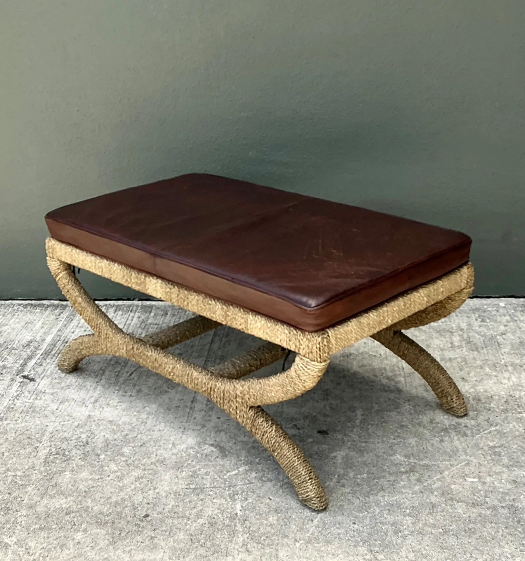Vintage Rattan and Leather Bench — additional photo 2