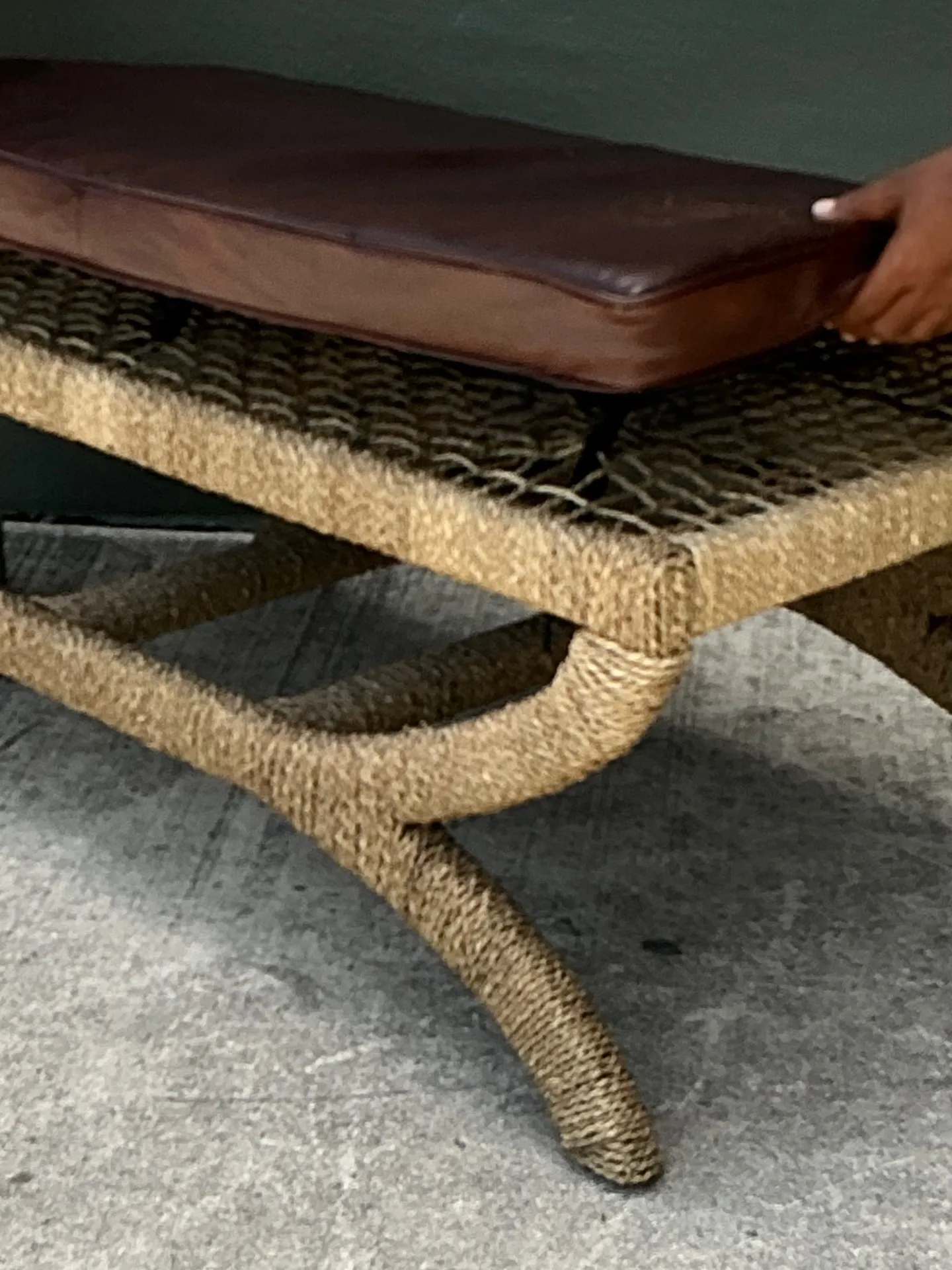 Vintage Rattan and Leather Bench — additional photo 4