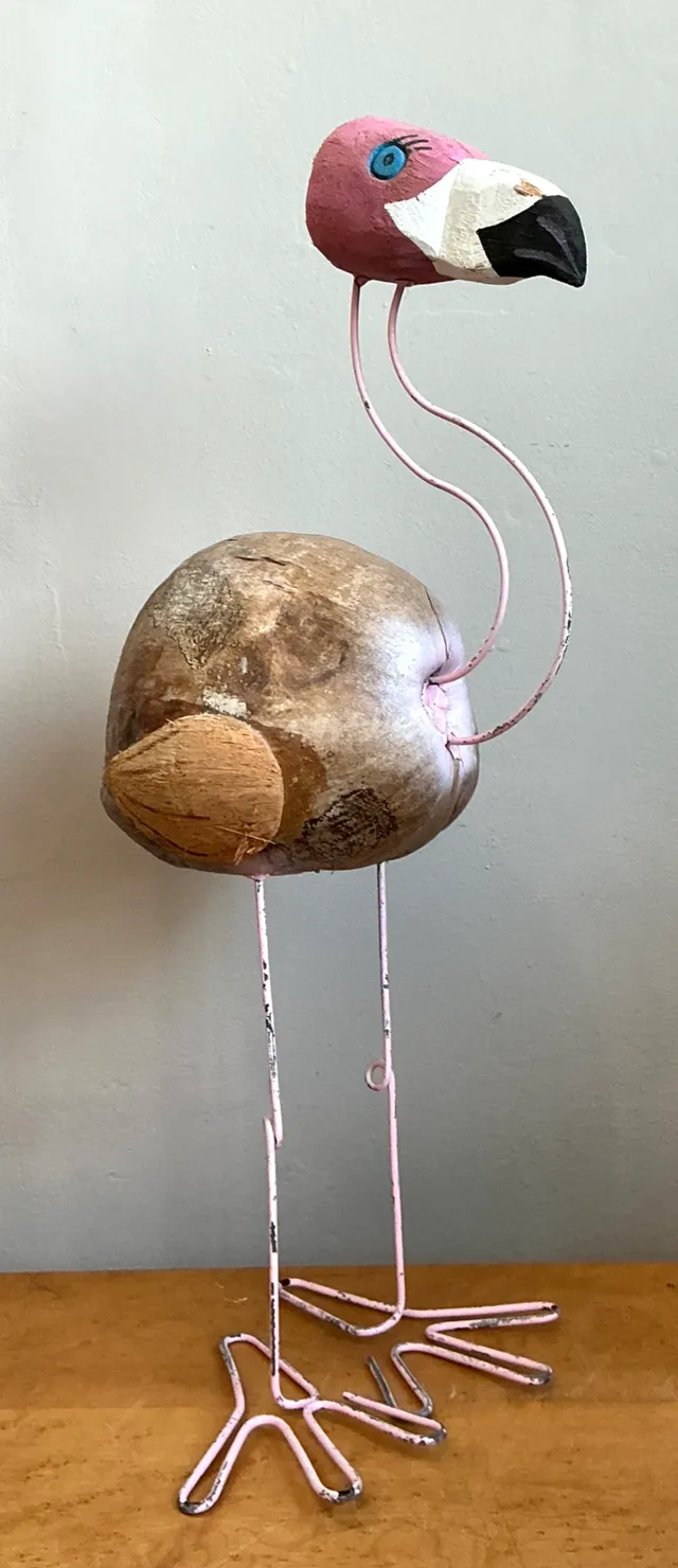 Vintage Coconut and Metal Flamingo Sculpture — additional photo 4