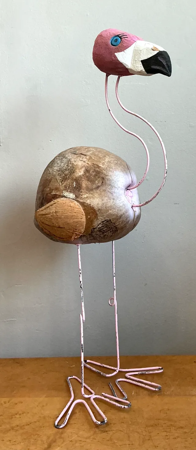 Vintage Coconut and Metal Flamingo Sculpture — additional photo 1