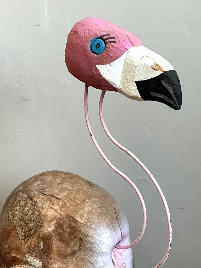 Vintage Coconut and Metal Flamingo Sculpture — additional photo 3