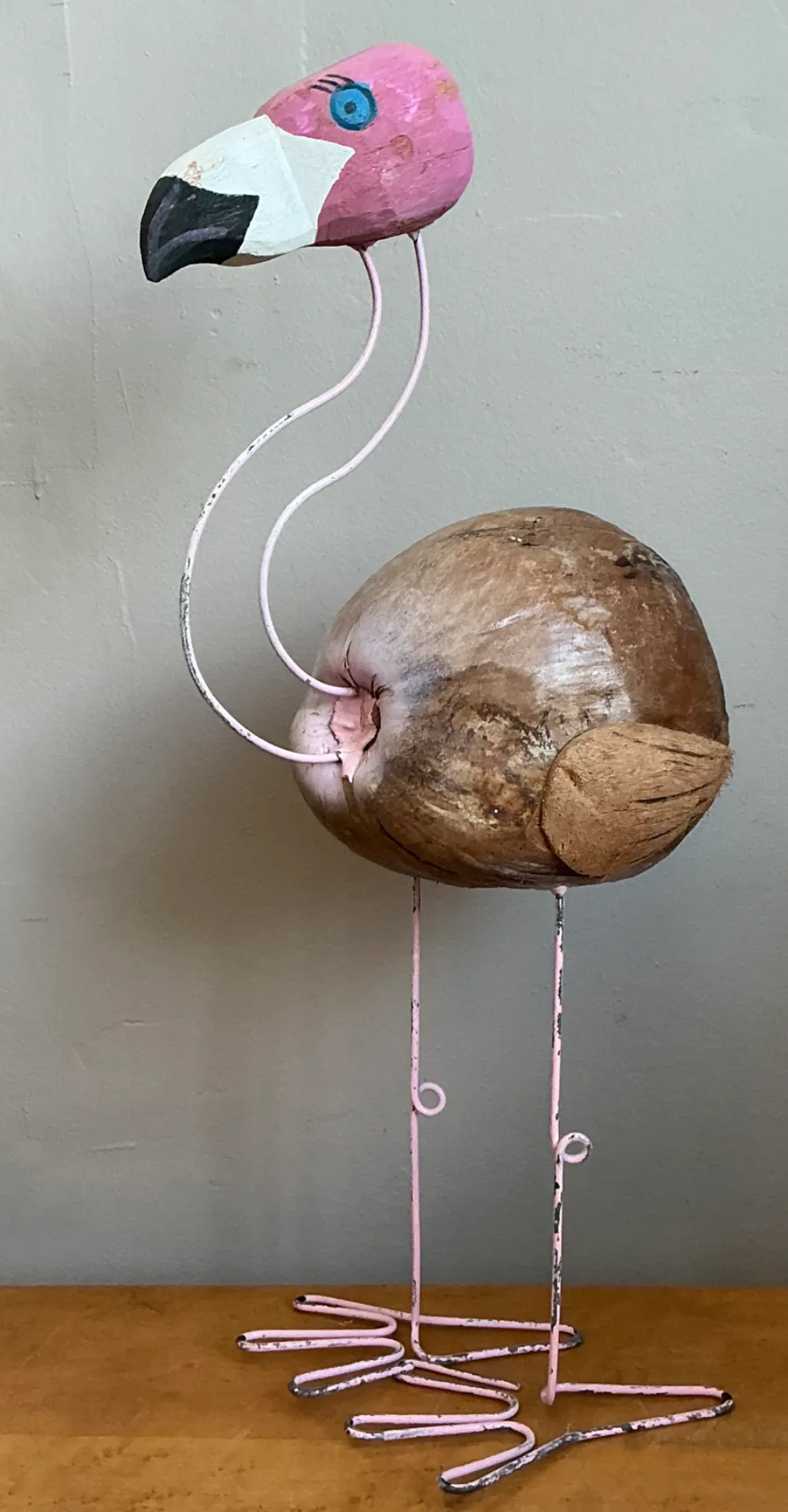 Vintage Coconut and Metal Flamingo Sculpture — additional photo 2