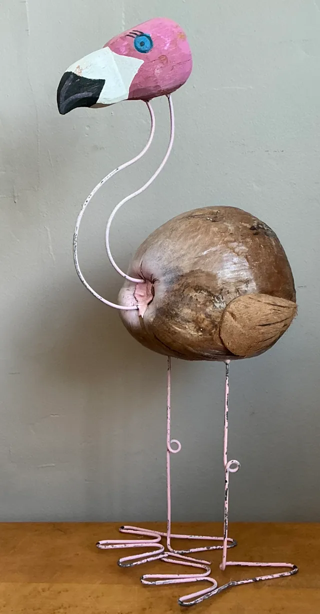 Vintage Coconut and Metal Flamingo Sculpture — additional photo 2