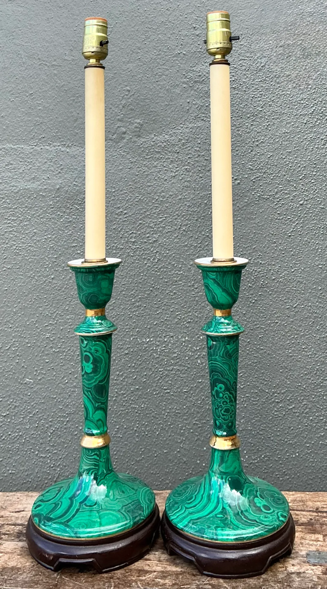 Vintage Green Lacquered Candlestick Table Lamps - Pair — additional photo 7