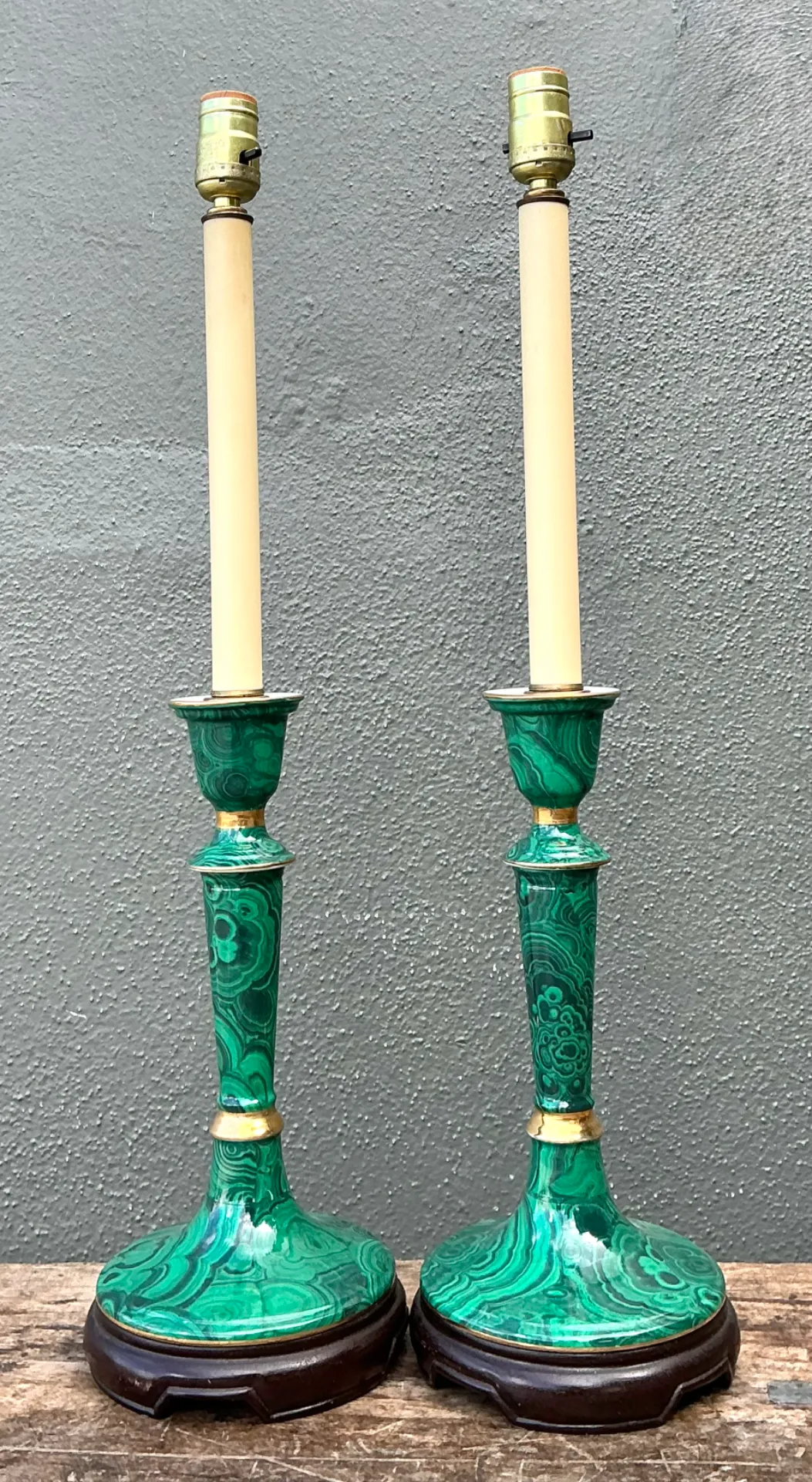 Vintage Green Lacquered Candlestick Table Lamps - Pair — additional photo 5