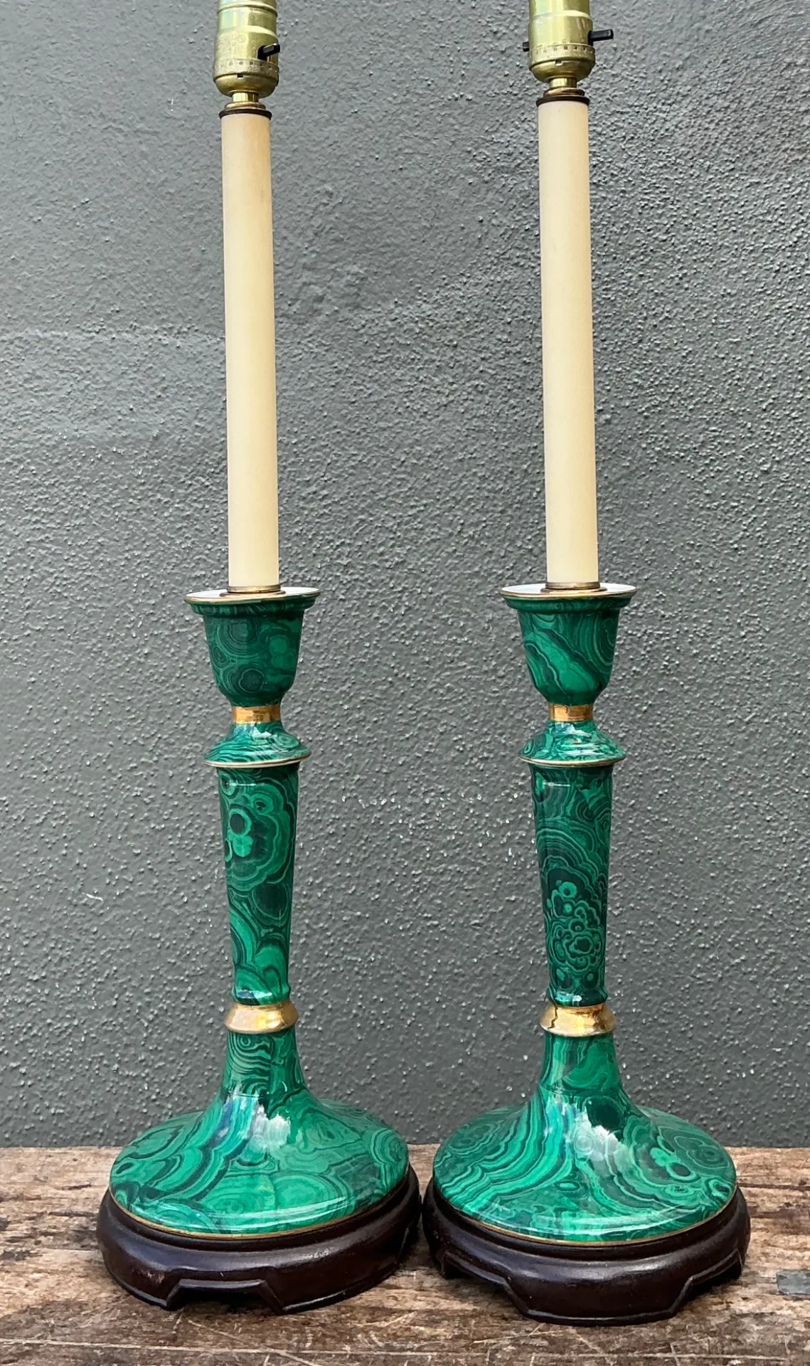 Vintage Green Lacquered Candlestick Table Lamps - Pair — additional photo 4