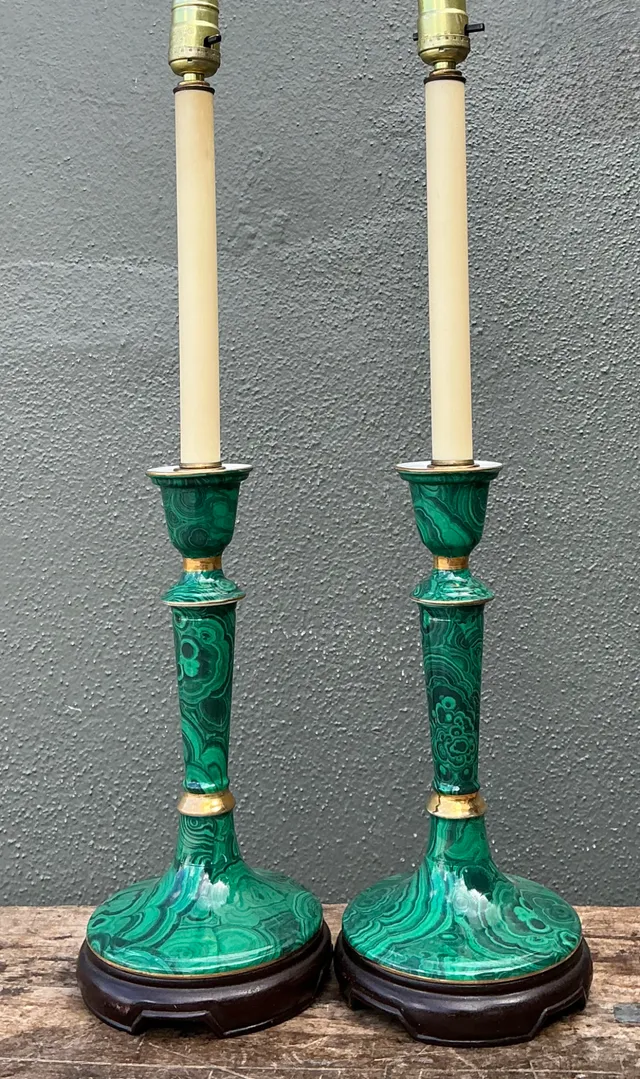 Vintage Green Lacquered Candlestick Table Lamps - Pair — additional photo 4