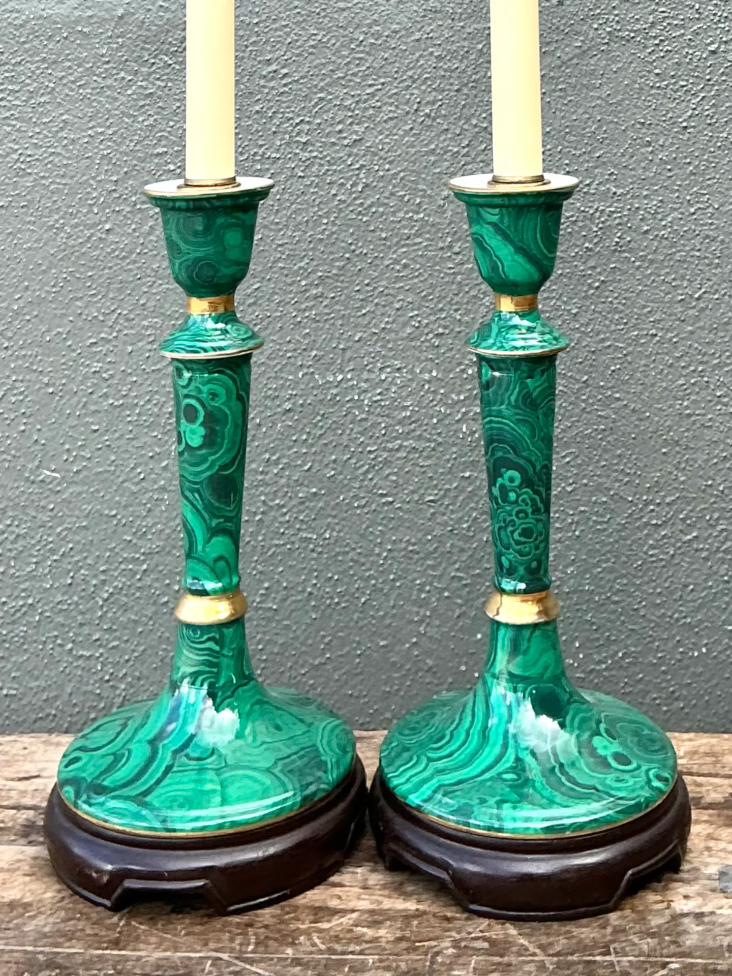 Vintage Green Lacquered Candlestick Table Lamps - Pair — additional photo 6