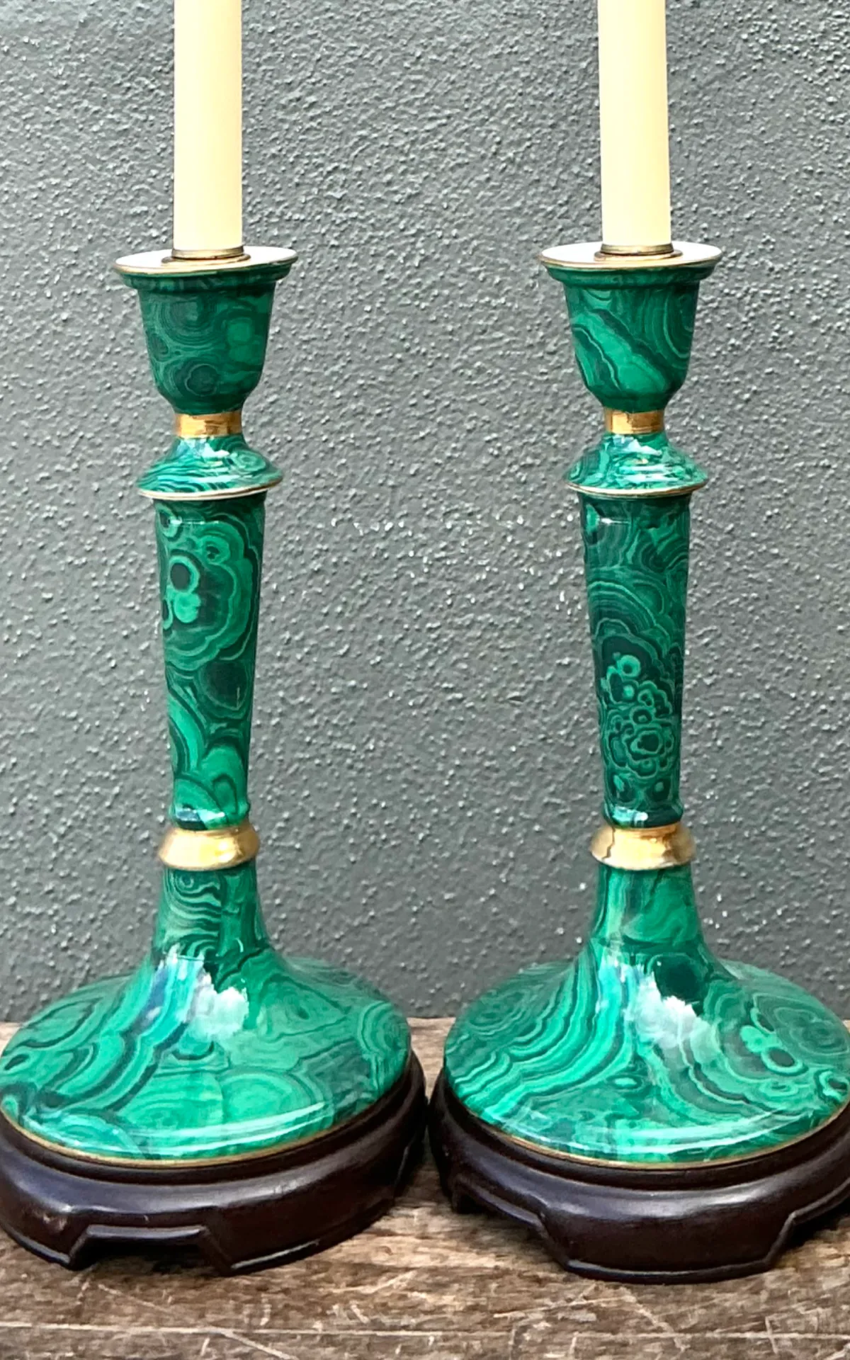 Vintage Green Lacquered Candlestick Table Lamps - Pair — additional photo 6