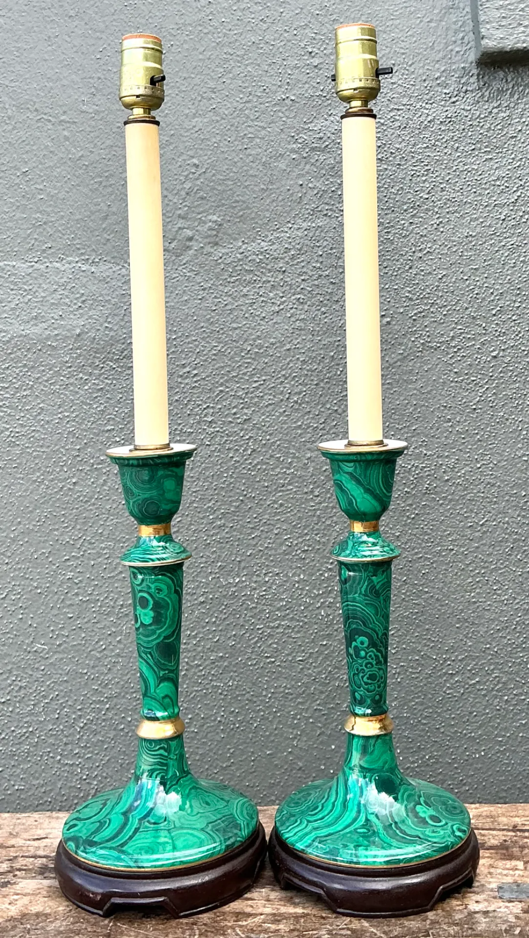 Vintage Green Lacquered Candlestick Table Lamps - Pair — additional photo 8