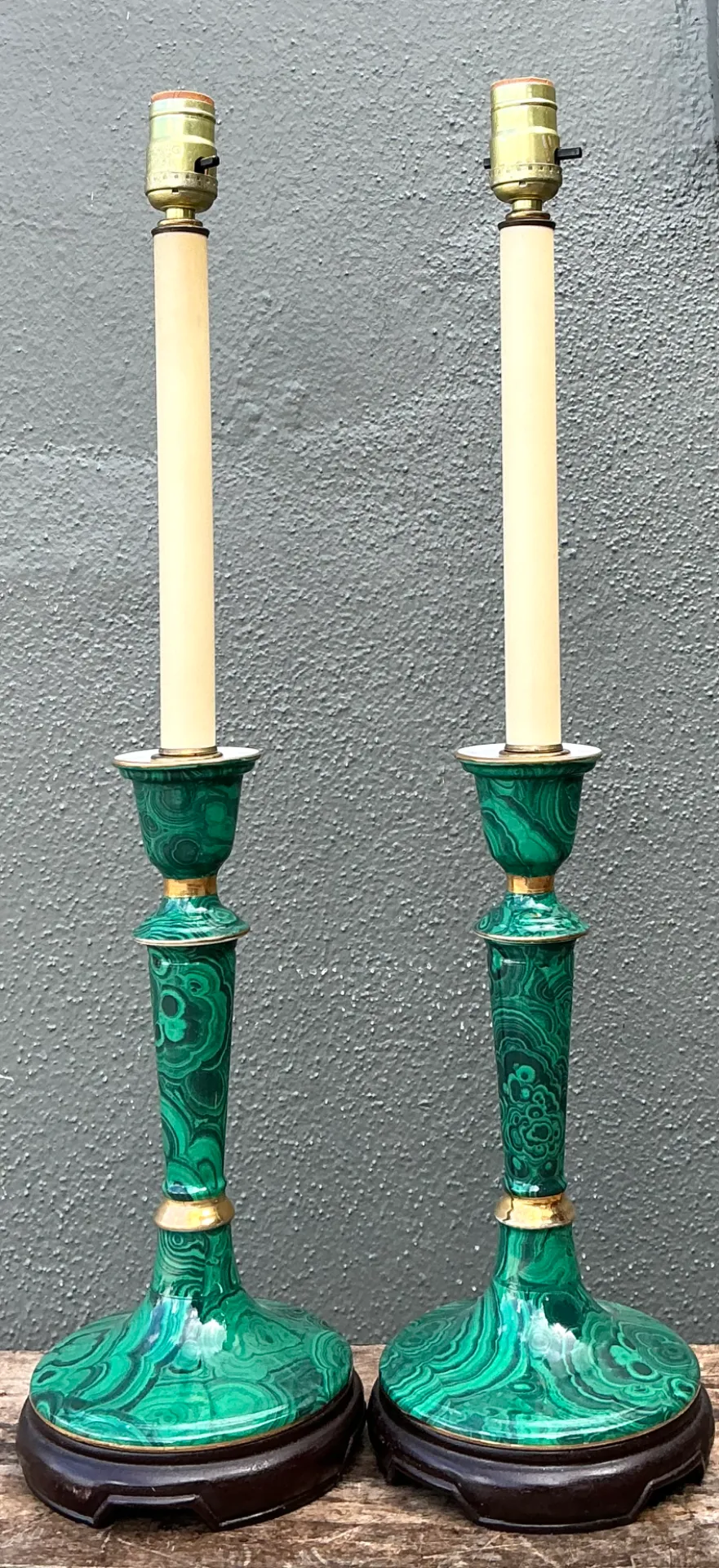 Vintage Green Lacquered Candlestick Table Lamps - Pair — additional photo 2